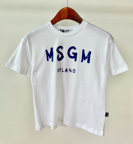 23SS MSGM 키즈 티셔츠 MS029315 화이트/블루 로고 6,8,10,14A